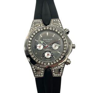 Locman Italy silver tone black rubber & rhinestone quartz watch